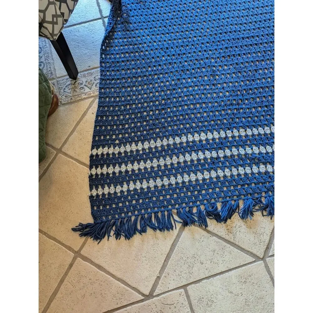 Handmade Dark Blue and Gray Crocheted Afghan throw w/ Fringe 84